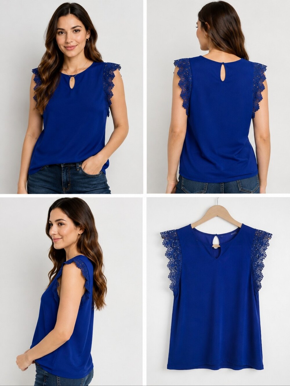 Liz Claiborne Royal Blue Lace Sleeve Blouse Petite 4P Elegant Career Top, EUC